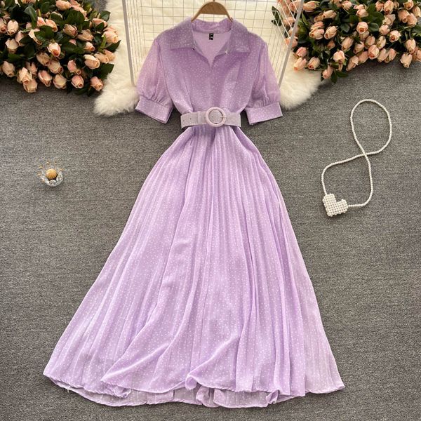 

summer sweet purple/pink/yellow polka dot chiffon long dress women elegant turn-down collar short sleeve pleated vestidos sashes, Black;gray
