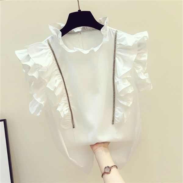 

blouses ruffles stand collar pullover female summer ruffled diamond chiffon shirt blusas mujer de moda, White