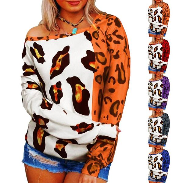 

women's t-shirt leopard printed women color patchwork long sleeve shirts female casual loose blouses, White