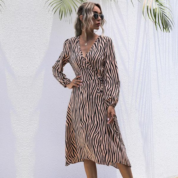 Lässige Kleider, schnüren sich langes Kleid, urban, V-Ausschnitt, Frau, weibliche Kleidung, Slim Fit, Temperament, Mode, Bürodame, Wrap-Around-Zebra-Druck