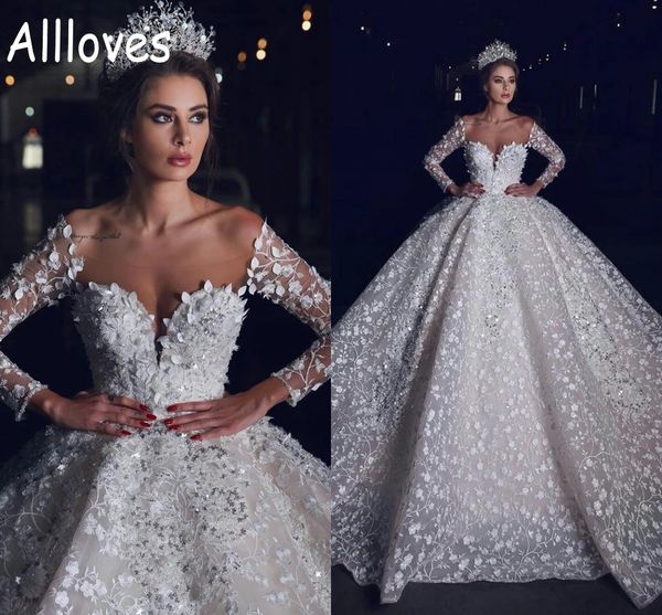 

vintage 3d floral lace wedding gowns with long sleeves dubai saudi arabia ball gown princess bridal dresses sequined chapel train vestidos d, White
