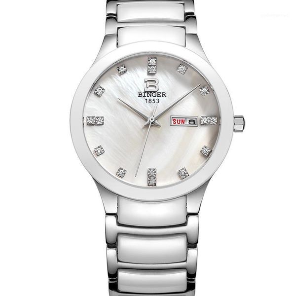 

wristwatches binger brand watches men fashion watch 2021 white ceramic diamond waterproof jelly quartz wrist relogio feminino week, Slivery;brown