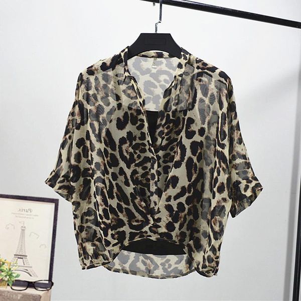 

leopard chiffon women blouse 2021 fashion design v-neck batwing-sleeved loose oversized pulls sets outwear women's blouses & shirts, White