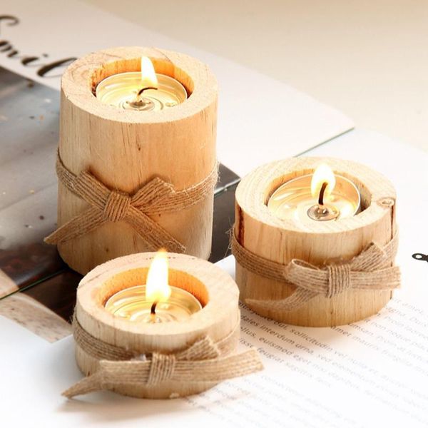

3pcs pine wood candle holder set diy printed pattern tins handmade holders table decoration cute candles
