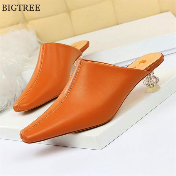 

slippers 5cm women crystal transparent heels shoes soft leather concise baotou summer square head women's mules outdoor, Black