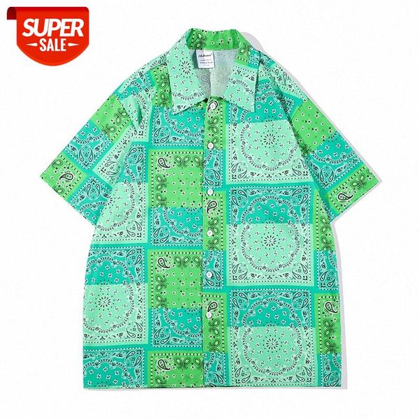 

street retro cashew flower color matching short-sleeved shirt men loose oversize hip-hop #kt6p, White;black