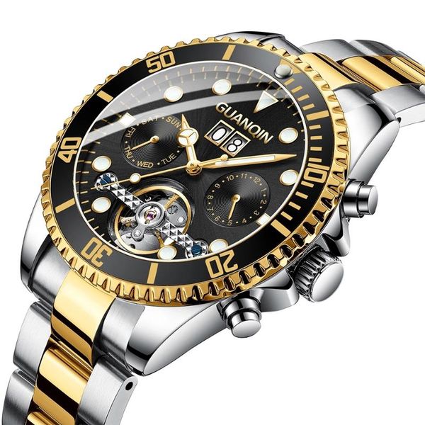 

wristwatches guanqin mens mechanical watch automatic toubillon date clock business skeleton stainless steel wrist watches masculino, Slivery;brown