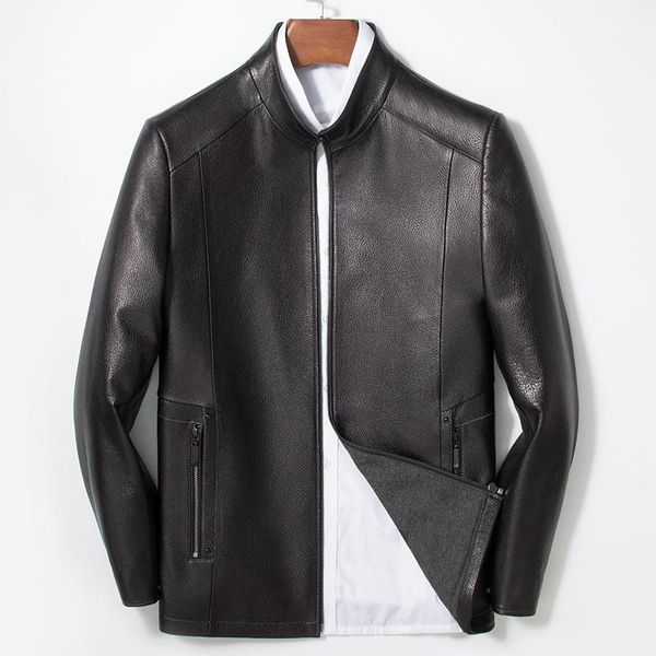 

men's leather & faux lapel, spring and autumn jacket, haining leather, middle-aged business, leisure fashion proof, Black