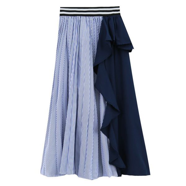 Темно-синий черный полосатый плиссированный пэчворк рюмки эластичная талия Maxi юбка A-Line Empire Supual S0251 210514