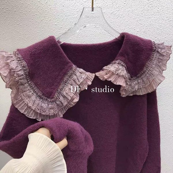

korean kawaii knitted women and womens sweaters pullovers loose sweet cut back lace baby collar long sleeves ladies sweater, White;black