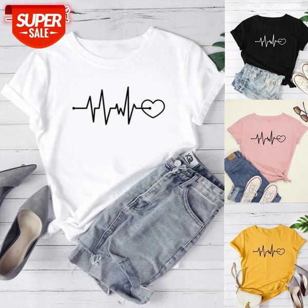 

[in stock]spring and summer europe the united states plus size women's heartbeat printing round neck short sleeve casual t-shirt wome #, White