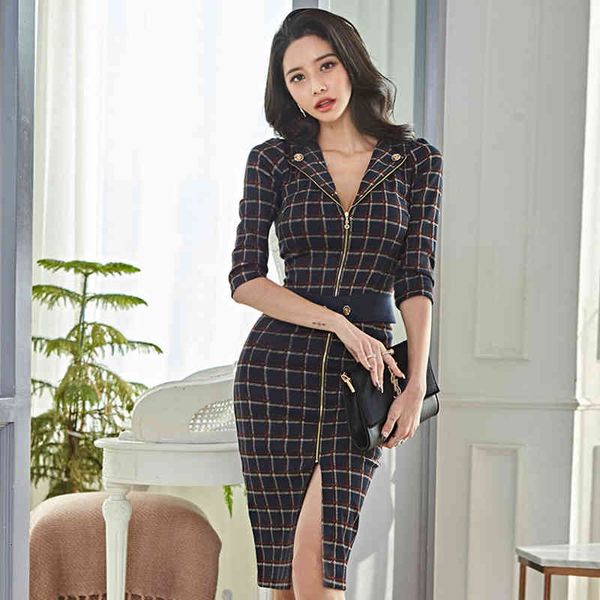 

elegant female fashion zip plaid with v-cleavage formal arrival from basic party beautiful pencil dress, Black;gray