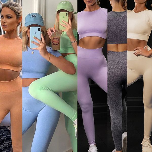 

2021 seamless suit short sleeve pants women's new yoga set, Gray