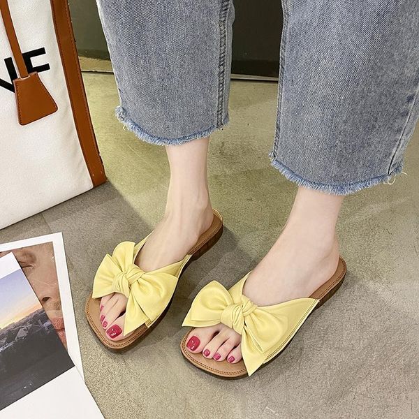 

slippers sandals women summer fashion women's 2021 with bow soft comfortable shoes square head, Black
