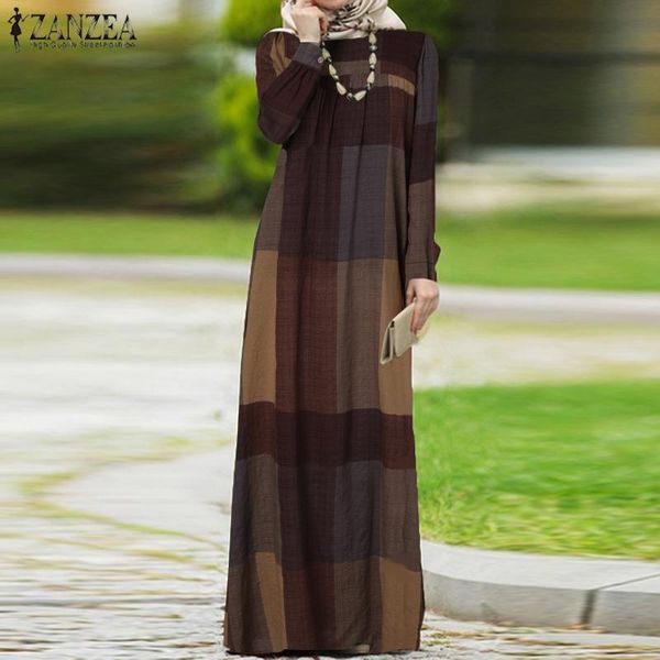 

casual dresses women dubai muslim zanzea summer islamic kaftan long dress vinatge plaid checked pirnted puff sleeve abaya maxi, Black;gray