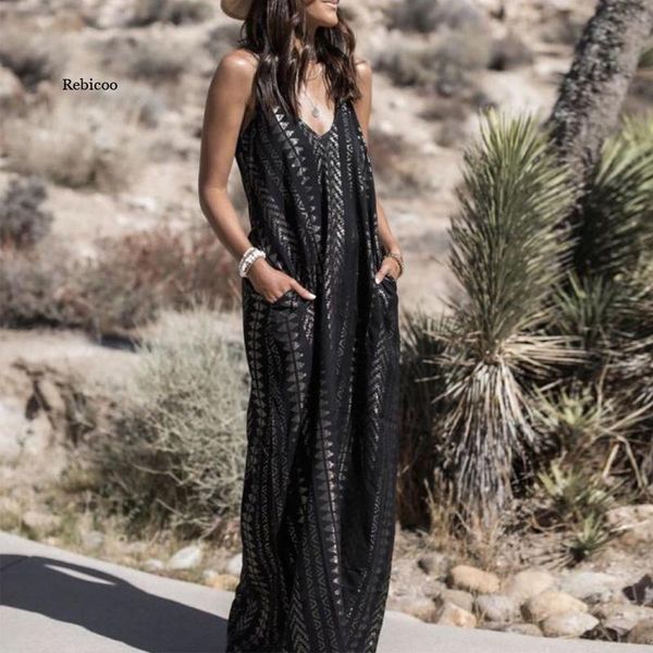 

casual dresses summer sling vintage print black long dress pocket beach maxi party women elegant v neck sleeveless boho, Black;gray