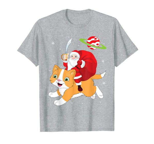

santa claus with sword xmas gift riding cat on space snow t-shirt, White;black