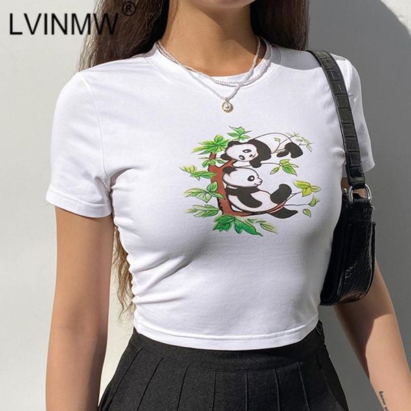 

women's t-shirt lvinmw o neck short sleeve panda printed cute simple skinny women basic casual slim tees for summer crop streetwear, White