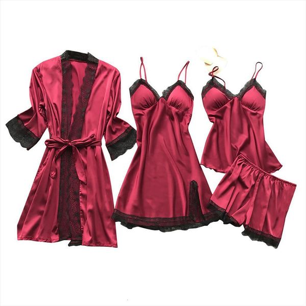 

lace up lingerie pajamas women tracksuits set nightdress long silk dressing gown bath robe sleep wear four piece suit, Gray