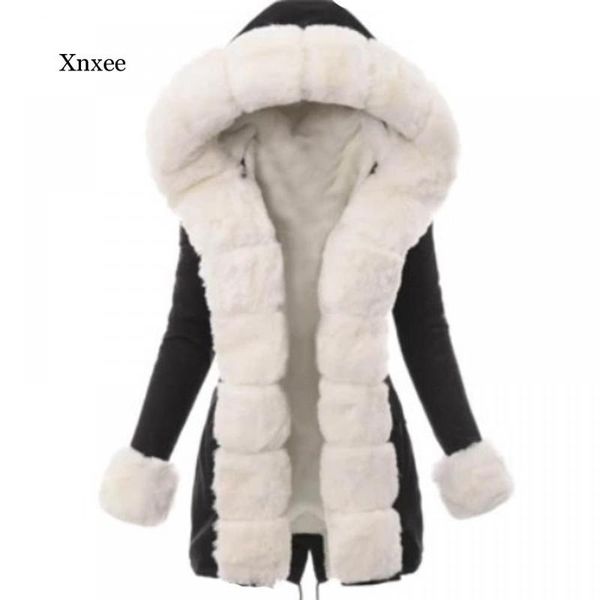

women's fur & faux winter women long cotton coat jacket thick plush wool female hairy overcoat fluffy warm outerwear plus size, Black