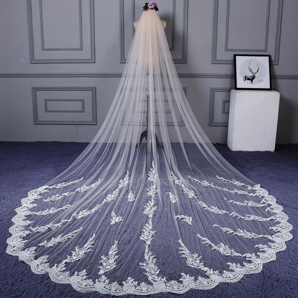 

bridal veils 4 meter cathedral one layer tulle wedding long lace edge appliqued veil accessories bride real pos, Black