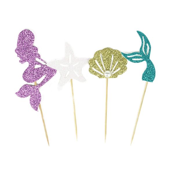 Glitter Cupcakes Bandeira com Sereia Seahorse Starfish para Princesa Tema Do Partido Bolo Bandeiras Aniversário Da Menina Sereia De Bebê Chuveiro Decoração Suprimentos