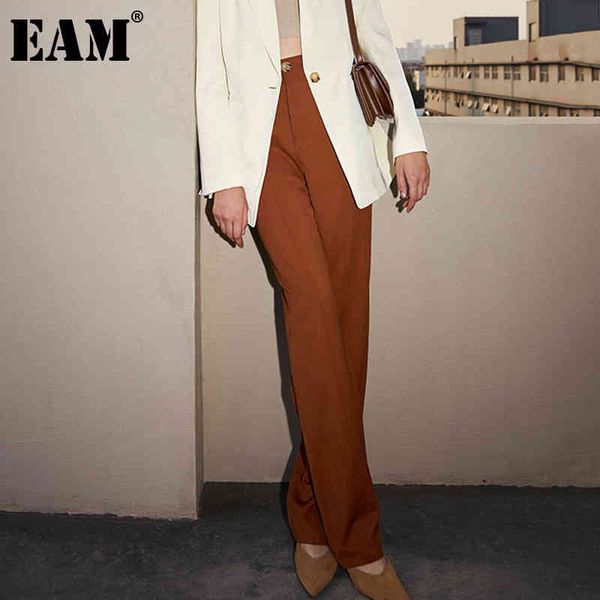 

[eam] high waist brown brief long wide leg casual trousers loose fit pants women fashion spring autumn 1dd8065 210512, Black;white