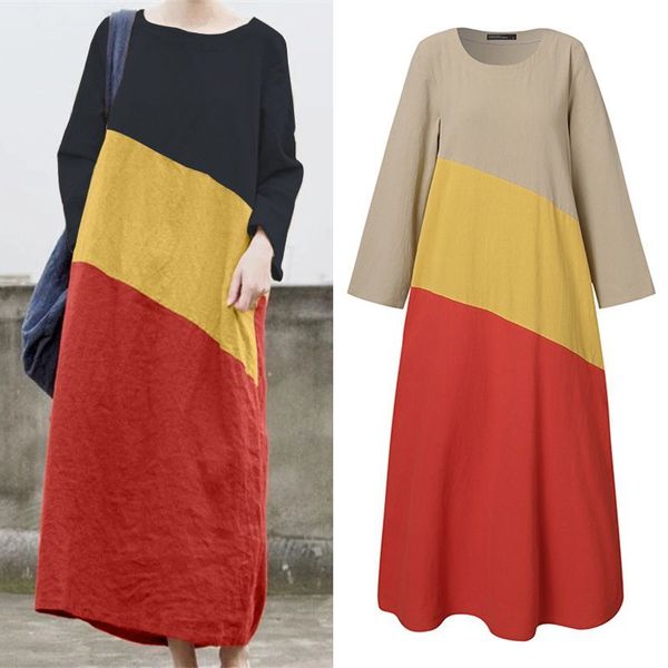 

dresses plus size vintag color patchwork dress women's spring sundress 2021 casual long sleeve vestidos female o neck robe 5xl, Black;gray