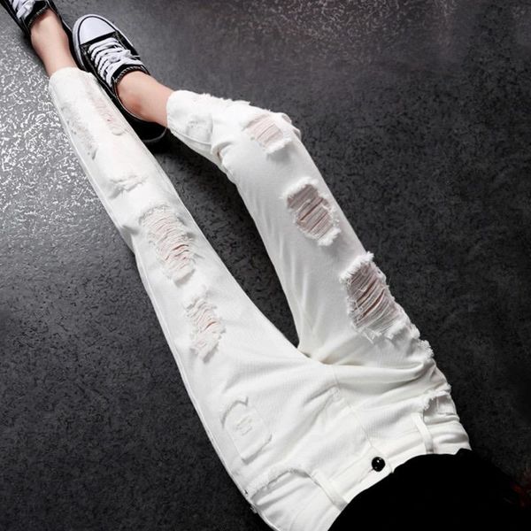 

fashion ripped washed white jeans ankle-length summer streetwear denim women's pants casual trousers for female, Blue