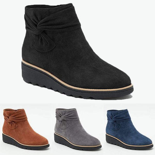 

boots casual low wedge heel short retro solid women bowknot ankle fauxe suede zipper round toe female flat d30, Black