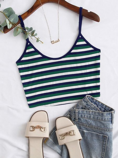 

striped rib-knit cami 93jp#, White