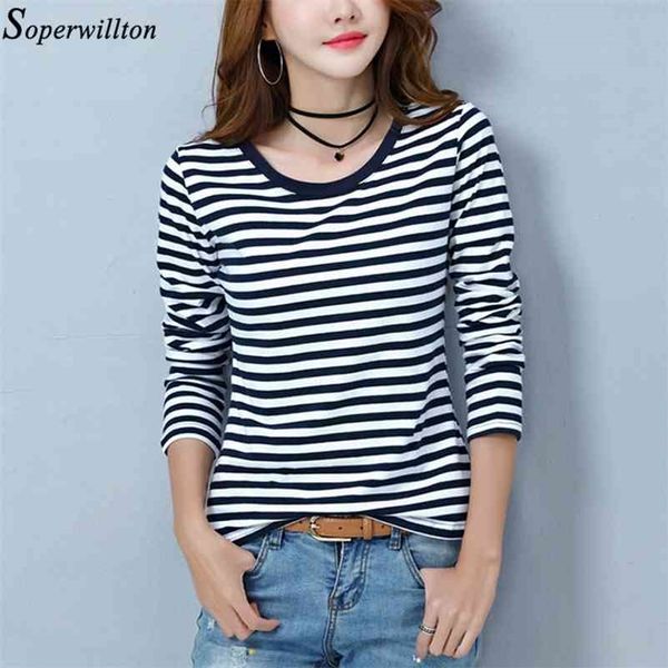 Uzun Kollu T Gömlek Kadın kadın Siyah Beyaz Çizgili Tshirt Pamuk İlkbahar Sonbahar Tee Gömlek Lady Tops Temel Artı Boyutu M09 210324