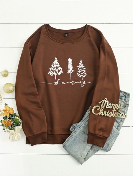 

plus christmas letter & tree print thermal pullover o2gg#, Black