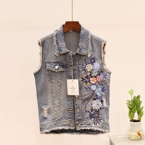

jacket spring autumn embroidery flower jeans waistcoat beading korean fashion loose women denim vest sleeveless jacket coat, Black;brown