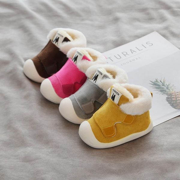 

boots winter baby girl boy snow thicken plush infant born toddler kids children soft bottom non-slip shoes, Black;grey