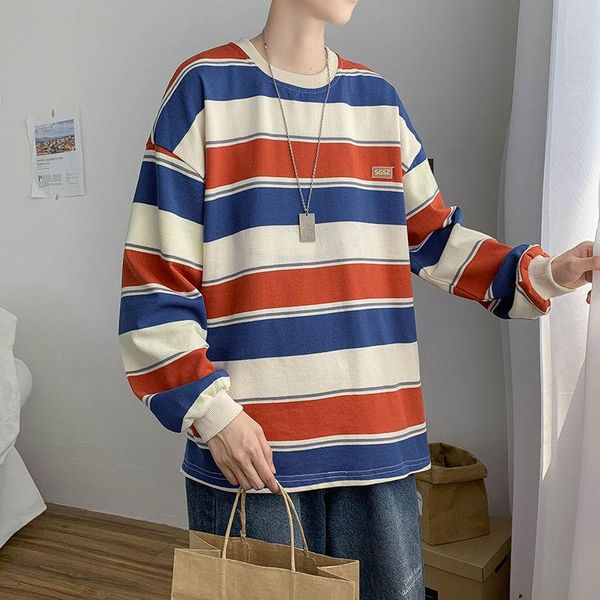 

men's t-shirts spring autumn striped t-shirt men korean fashion loose casual long-sleeved streetwear retro round neck, White;black