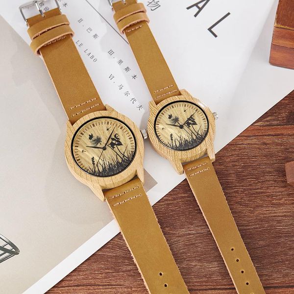 

wristwatches 2pcs set wood watch men women couple imitation bamboo wooden quartz male watches leather horse deer light clock relo, Slivery;brown