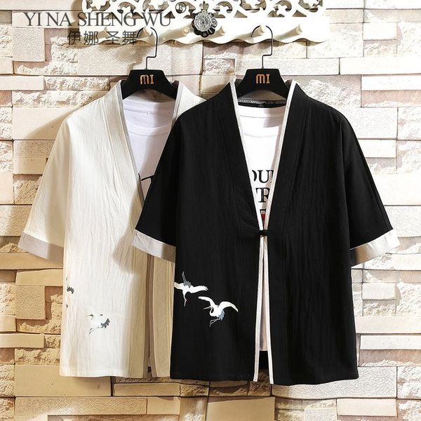 

men linen kimono gown japanese traditional casual jackets outerwear men's print coat cardigan classic summer streetwear ethnic clothing, Red