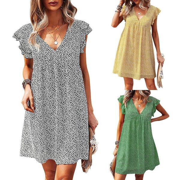 

casual dresses elegant womens summer vacation 2021 print v-neck women loose pocket ruffle ladies vestidos, Black;gray