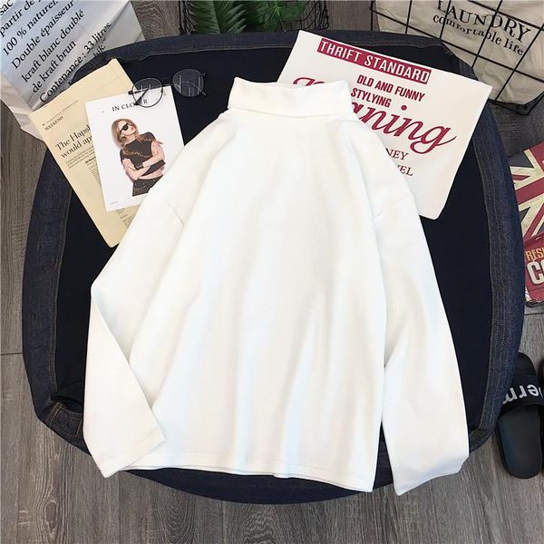

women's t-shirt 2021 spring women turtleneck t shirt solid color loose tees female bottoming long sleeve ns4485, White