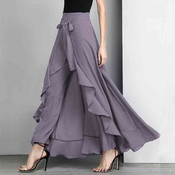 

Women Chiffon Tie-waist Ruffle Palazzo Pants Pure Irregular Hem Long Pant Summer Elegant Loose Wide Leg Pants Skirts Style, Black;white