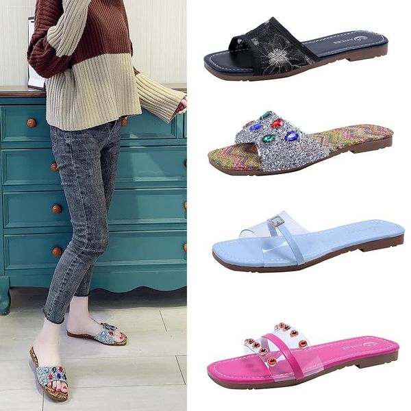 

slippers 2021 transparent mixed color women female crystal shine summer beach shoes outdoor flat woman slides, Black
