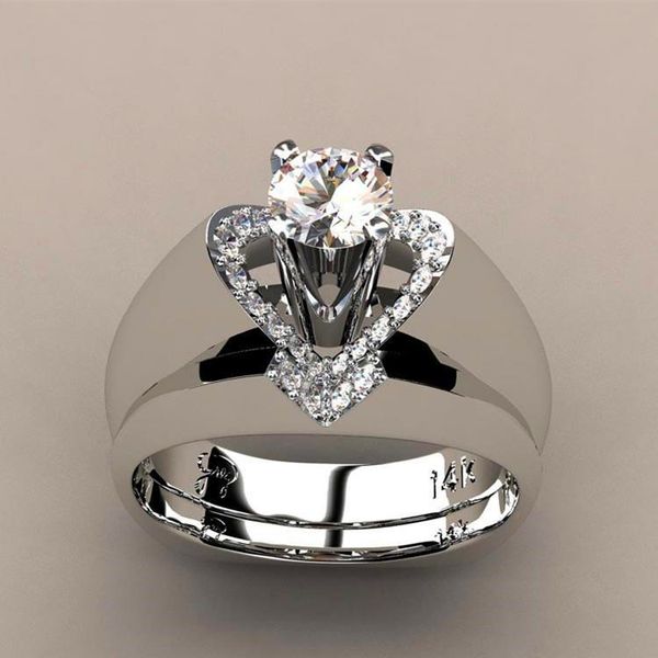 

wedding rings cute female crystal white ring set luxury silver color heart engagement vintage bridal for women, Slivery;golden