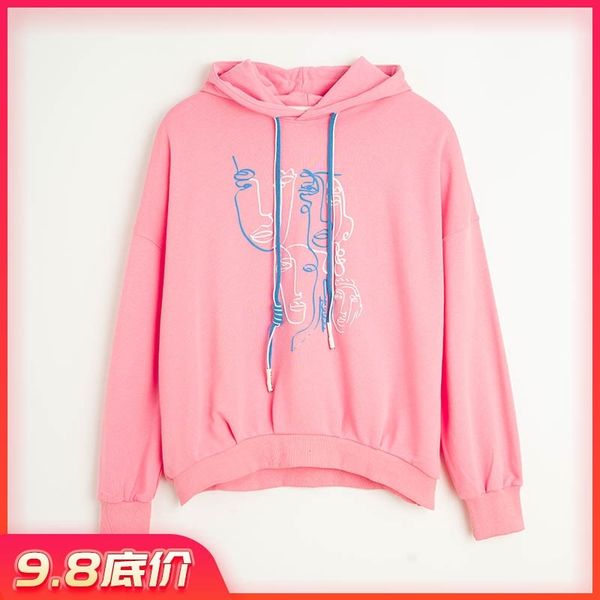 

women's 2021 autumn new abstract line cotton sweater long sleeve t-shirt men's and women's round neck hooded top, Black