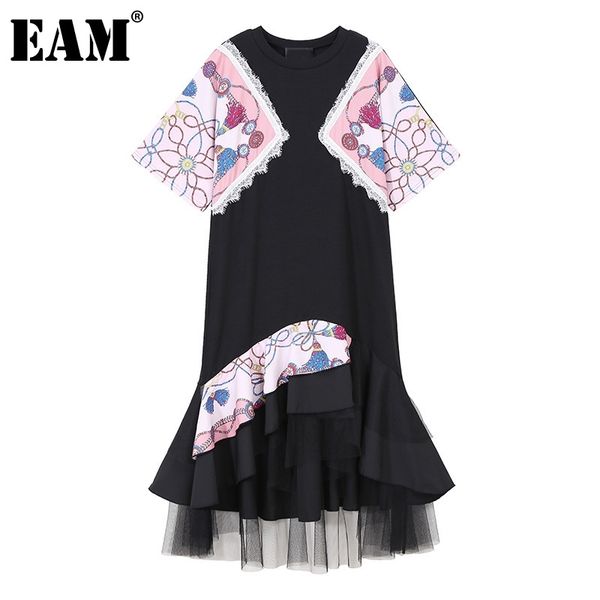 [Eam] Mulheres Irregulares Indicados Impresso Renda Mash Vestido Redondo Pescoço De Manga Curta Loose Fit Moda Primavera Verão 1d8535 210512