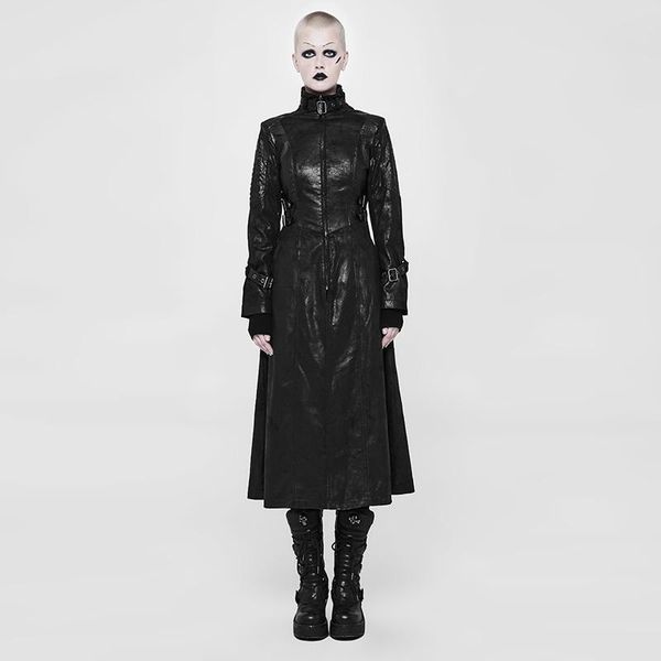 

women's leather & faux punk rave long coat wy-896xcf, Black