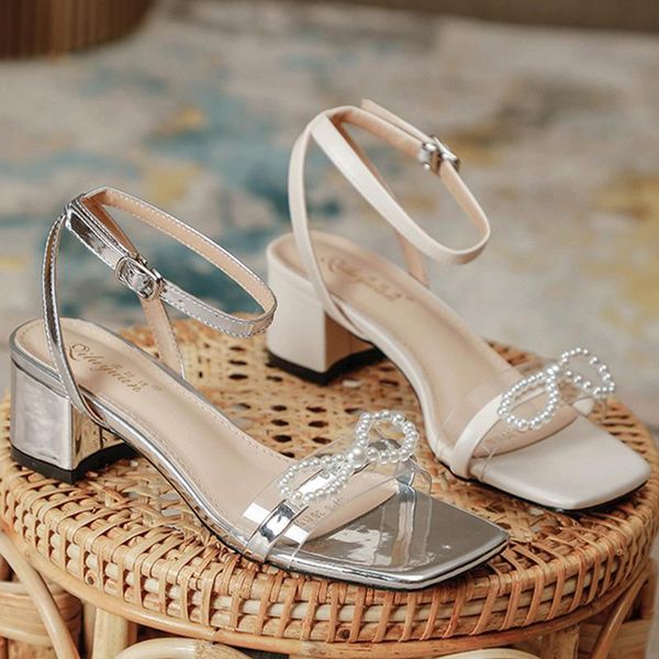 

women pumps high heels sandals ladies slippers string bead shoes woman fashion party square female dress, Black