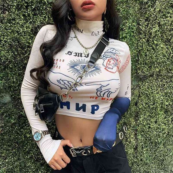 

klalien women long sleeve turtleneck letters print slim skinny t-shirt fashion autumn new streetwear basic hip hop new 210322, White