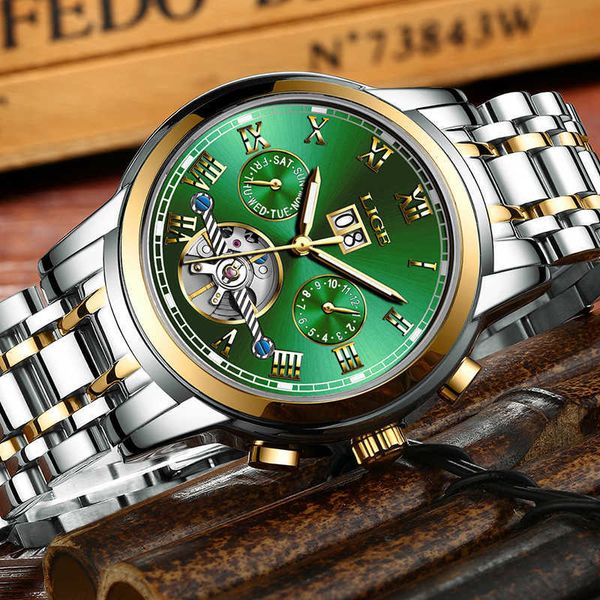 LIGE Business Mens Orologi Top Brand Luxury Orologio meccanico da uomo Acciaio pieno Quadrante grande Mese Settimana Data Orologio automatico impermeabile 210527