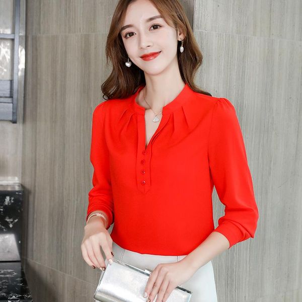 

women blouse white shirt autumn long sleeve v neck slim chiffon blouses office ladies black casual bottom shirts blusas women's &